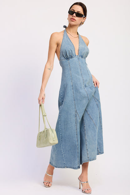 Laurel Halter Denim Midi Dress